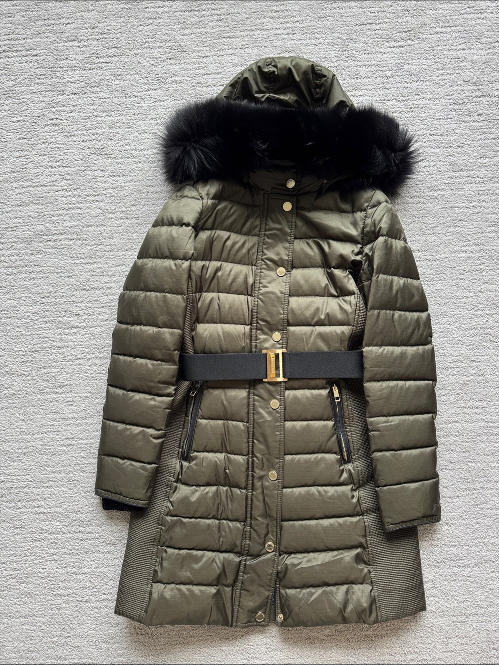 Burberry Olive Quilted Hooded Puffer Coat with Black Fur Trim